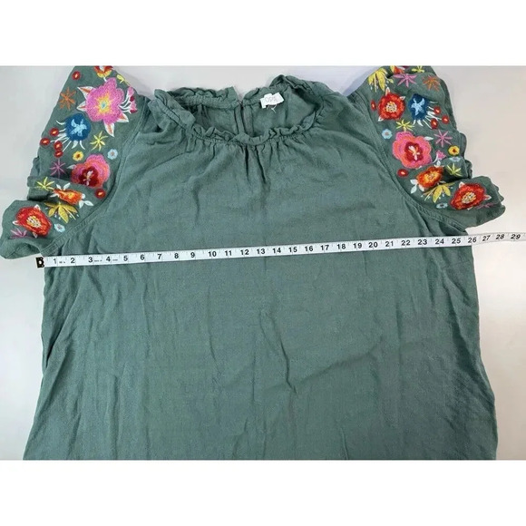 Embroidered Womens Linen Dress 1Sz Green Lagenlook Artsy Cottagecore Boho Hippie - Picture 10 of 16